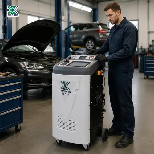 XK refrigerant recovery machine in a repair shop